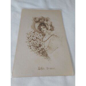 Vintage Postcard woman 1900s unused pretty lady floral Life's dream Floral